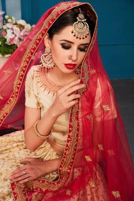 Beige embroidered satin semi stitched lehenga 4