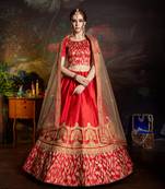 Red embroidered satin semi stitched lehenga