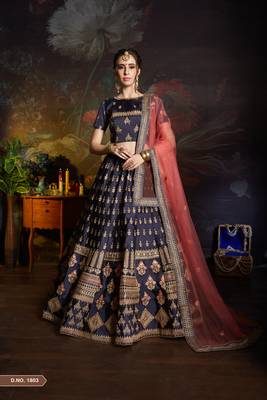 Blue embroidered satin semi stitched lehenga 1