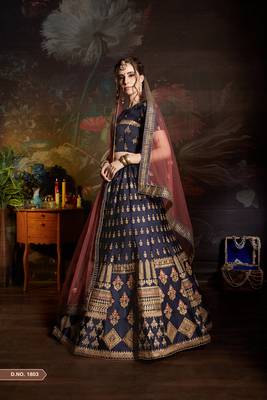 Blue embroidered satin semi stitched lehenga 2