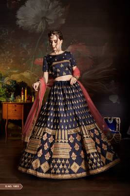 Blue embroidered satin semi stitched lehenga 3