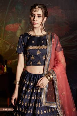Blue embroidered satin semi stitched lehenga 4