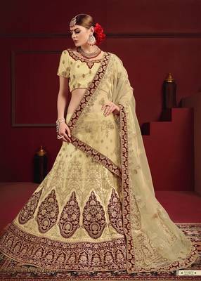 Red thread embroidery satin semi stitched lehenga 1