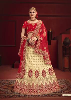 Beige thread embroidery satin semi stitched lehenga 2