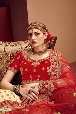 Beige thread embroidery satin semi stitched lehenga 3