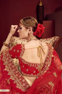 Beige thread embroidery satin semi stitched lehenga 4