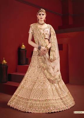 Beige thread embroidery satin semi stitched lehenga 1