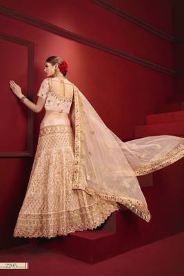 Beige thread embroidery satin semi stitched lehenga 2