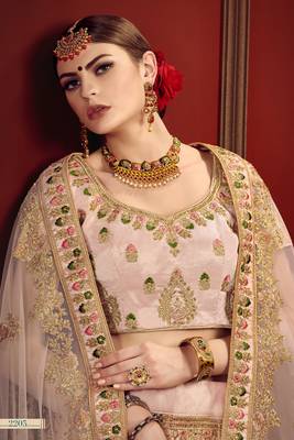 Beige thread embroidery satin semi stitched lehenga 3