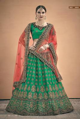 Green embroidered satin semi stitched lehenga 1