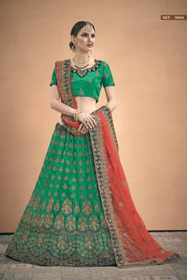 Green embroidered satin semi stitched lehenga 2