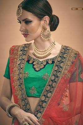 Green embroidered satin semi stitched lehenga 4