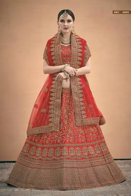 Red embroidered satin semi stitched lehenga 1