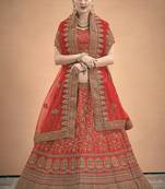 Red embroidered satin semi stitched lehenga