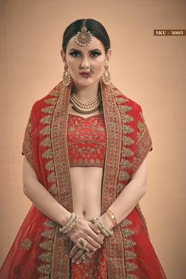 Red embroidered satin semi stitched lehenga 3