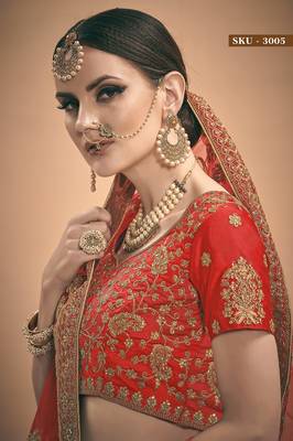 Red embroidered satin semi stitched lehenga 4