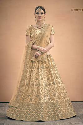 Beige embroidered satin semi stitched lehenga 1