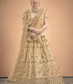 Beige embroidered satin semi stitched lehenga