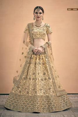 Beige embroidered satin semi stitched lehenga 2