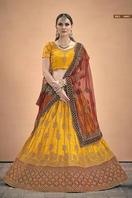 Mustard embroidered satin semi stitched lehenga 1