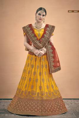 Mustard embroidered satin semi stitched lehenga 2