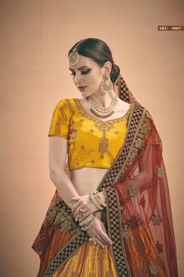 Mustard embroidered satin semi stitched lehenga 3