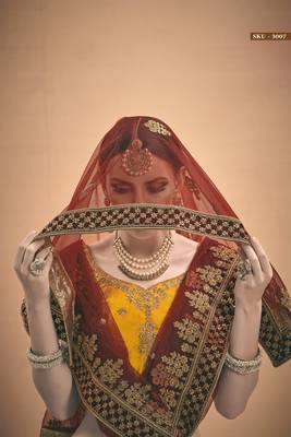 Mustard embroidered satin semi stitched lehenga 4