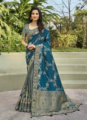 Teal embroidered banarasi silk saree with blouse 1