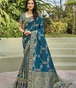 Teal embroidered banarasi silk saree with blouse