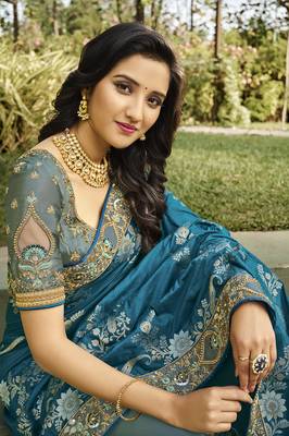 Teal embroidered banarasi silk saree with blouse 2