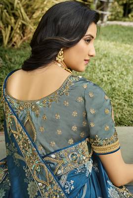 Teal embroidered banarasi silk saree with blouse 3