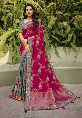 rani pink embroidered banarasi silk saree with blouse 1