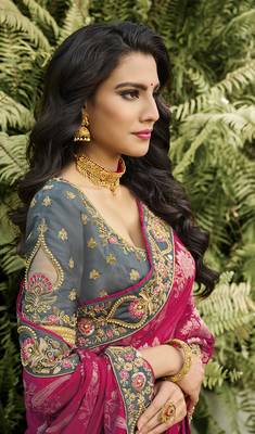 rani pink embroidered banarasi silk saree with blouse 2