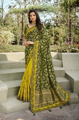 Mehendi embroidered banarasi silk saree with blouse 1