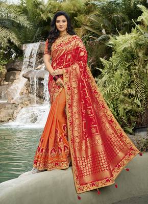 Red embroidered banarasi silk saree with blouse 1