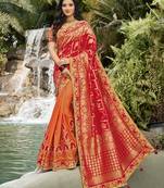 Red embroidered banarasi silk saree with blouse