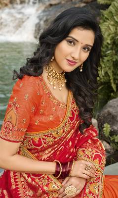 Red embroidered banarasi silk saree with blouse 2