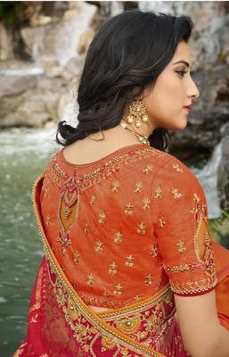 Red embroidered banarasi silk saree with blouse 3