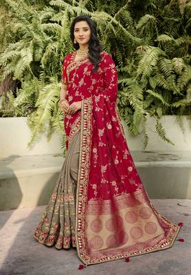 Red embroidered banarasi silk saree with blouse 1