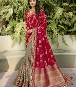 Red embroidered banarasi silk saree with blouse