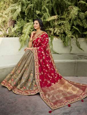 Red embroidered banarasi silk saree with blouse 2