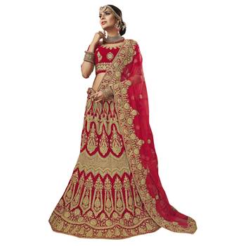 Red embroidered velvet semi stitched lehenga 1