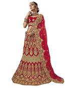 Red embroidered velvet semi stitched lehenga