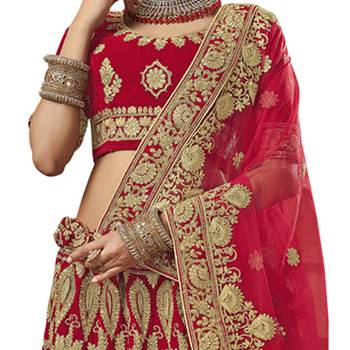 Red embroidered velvet semi stitched lehenga 2