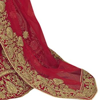 Red embroidered velvet semi stitched lehenga 4