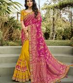 Rani Pink & Yellow Embroidered Designer Indian Wedding Silk Blend Saree With Blouse
