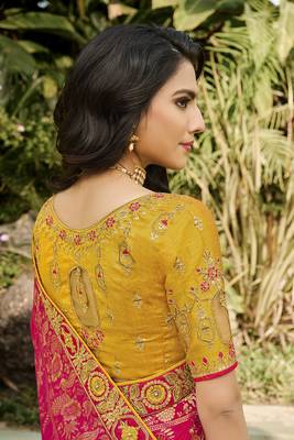 Rani Pink & Yellow Embroidered Designer Indian Wedding Silk Blend Saree With Blouse 2