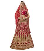 Red embroidered velvet semi stitched lehenga