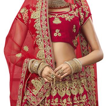 Red embroidered velvet semi stitched lehenga 2