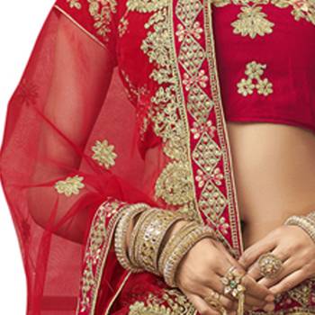 Red embroidered velvet semi stitched lehenga 4